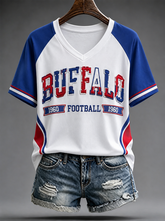 Women's Football Lover BUF Art Printed V-neck off-shoulder short-sleeved T-shirt