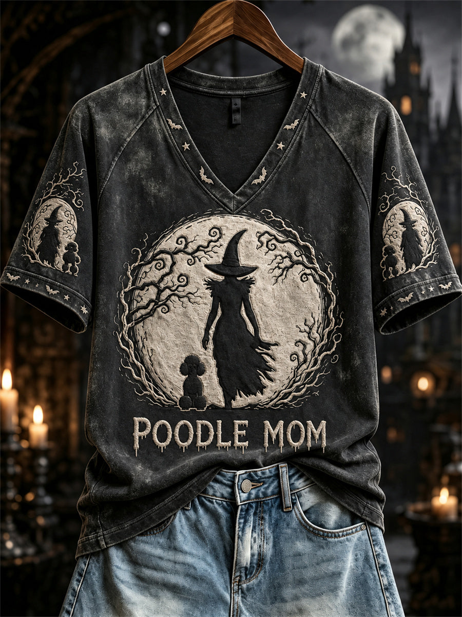 Women's Poodle Mom Halloween Witch Full Moon Print short-sleeved T-shirt