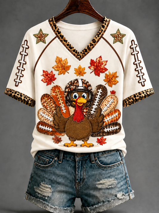 Women's Fun Turkey Rugby V-neck Off-shoulder Short-sleeved T-shirt