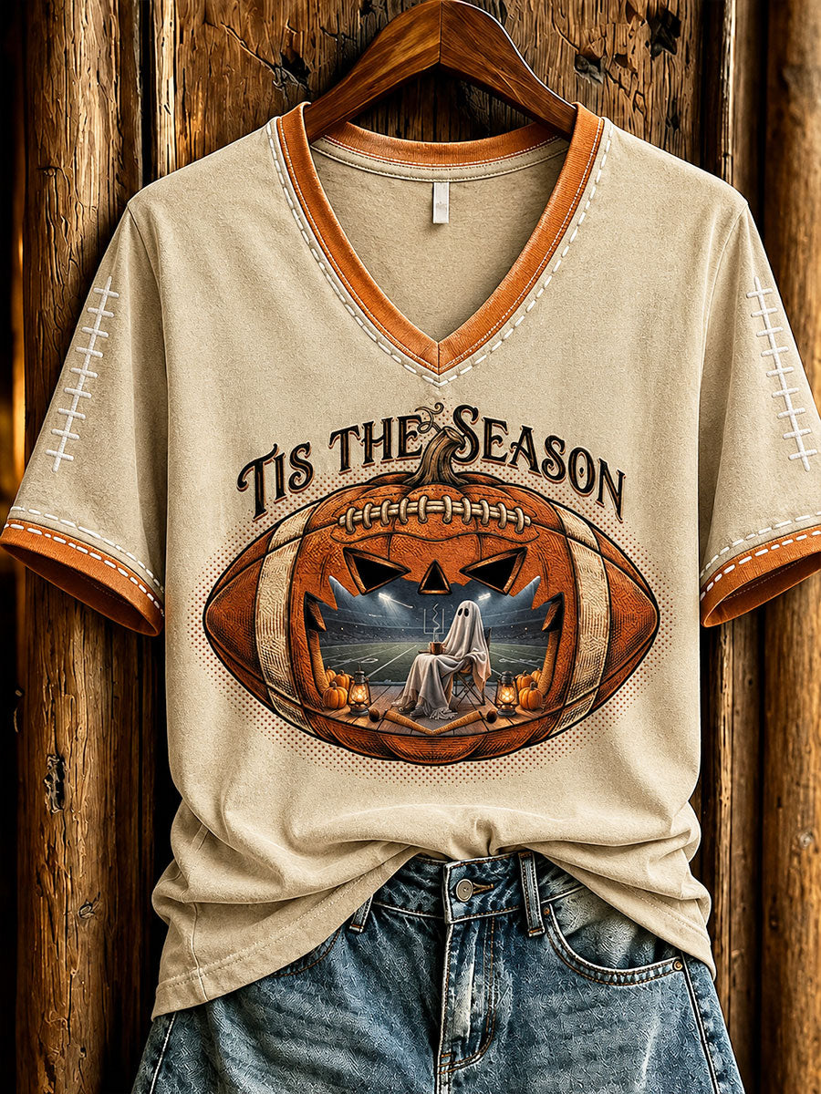 Women's Vintage Halloween Football Tis The Season Ghost Game Day Printed Casual T-shirt