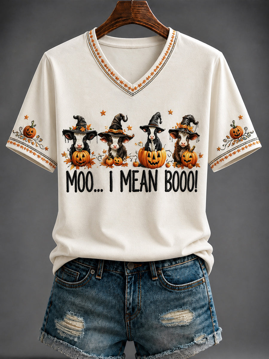 Women's Halloween Western “MOOO... I MEAN BOO!” Printed V-neck T-shirt