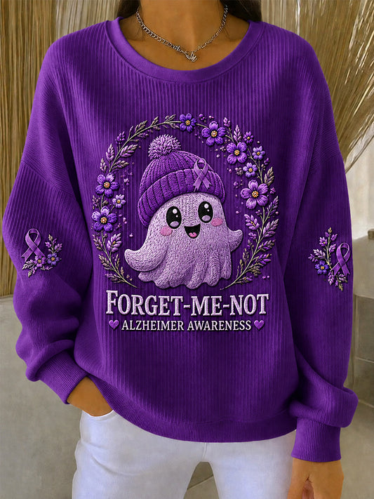 Women's Forget-Me-Not Purple Floral & Cute Ghost Print Alzheimer's Awareness Support Sweatshirt