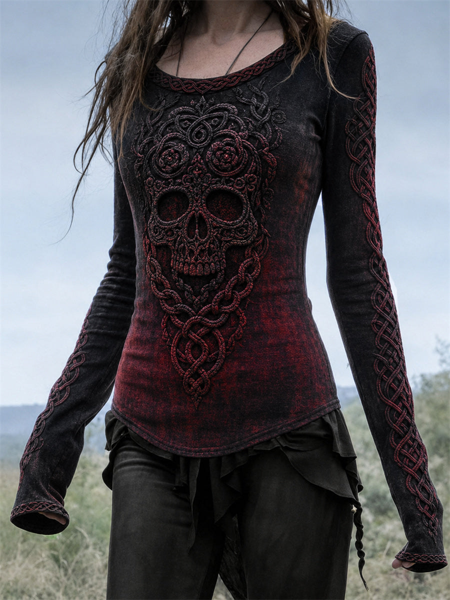 Women's Vintage Celtic Skull Viking Celtic Knot Bloody Print Round-Neck Long-Sleeve T-Shirt