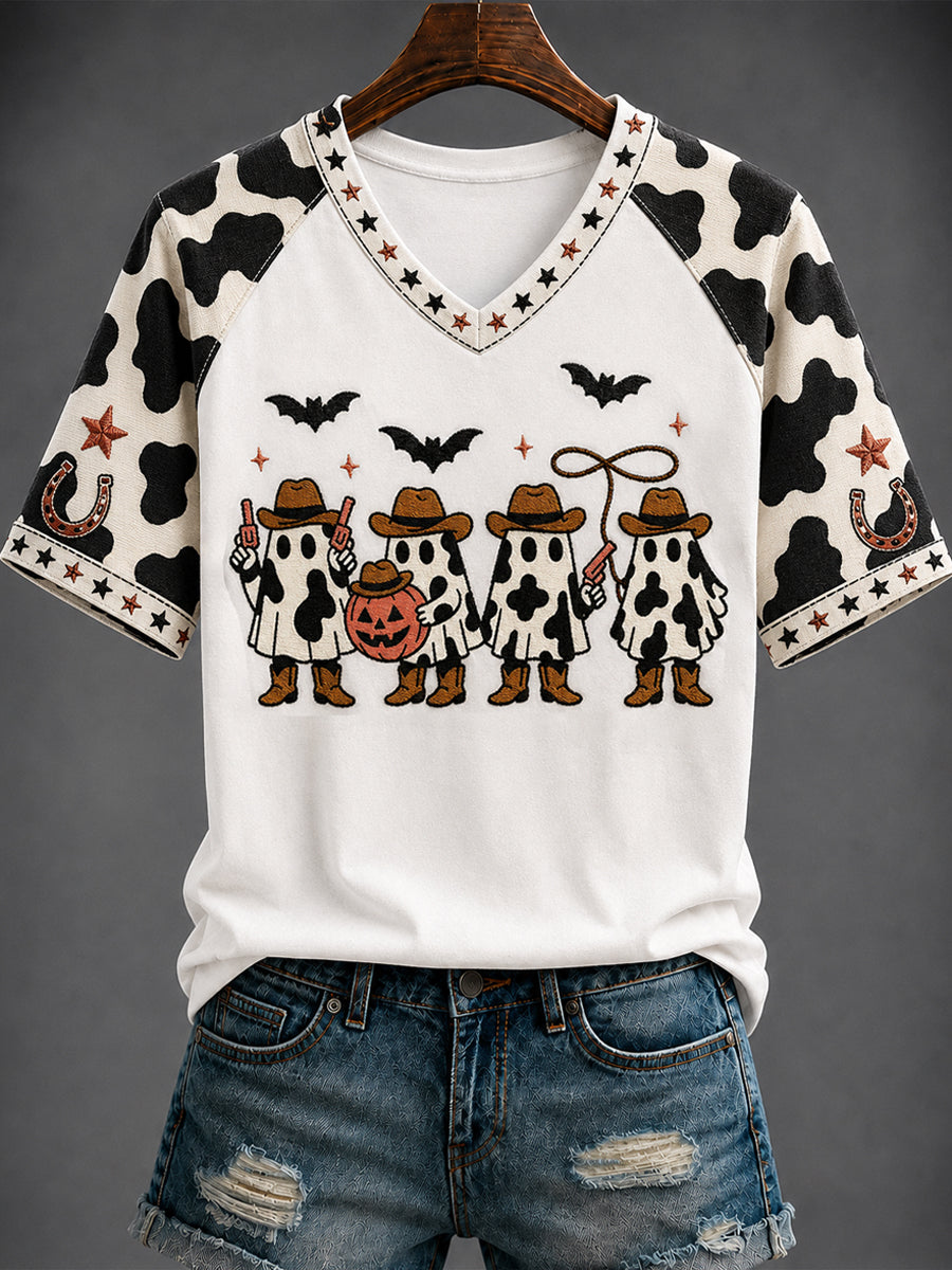 Women's Halloween Western Printed V-neck T-shirt