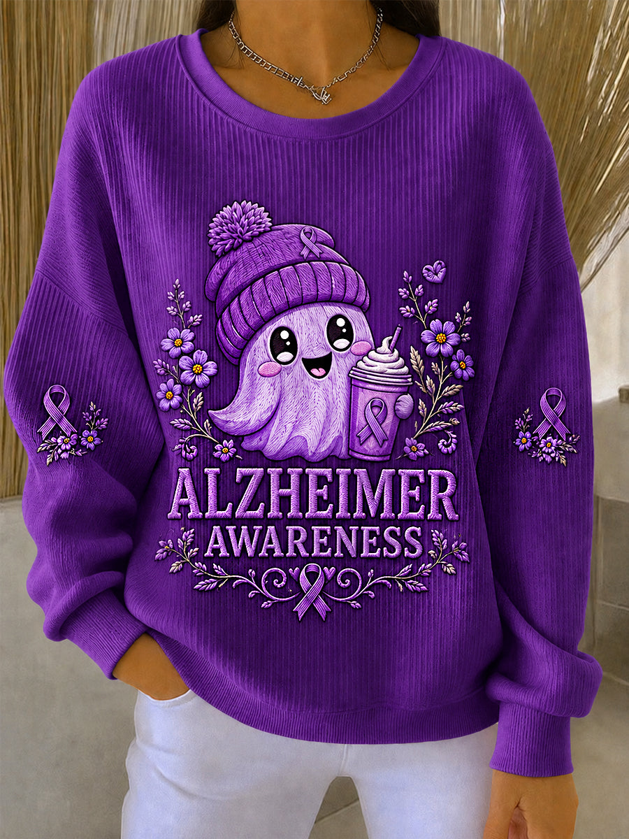 Women's Purple Floral & Cute Ghost Print Alzheimer's Awareness Support Sweatshirt