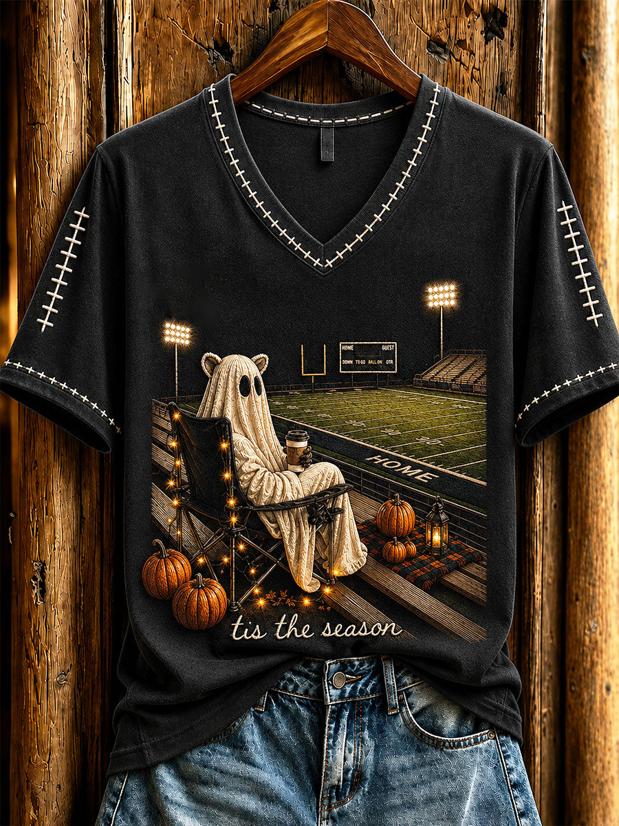 Women's Vintage Halloween Football Tis The Season Ghost Game Day Printed Casual T-shirt