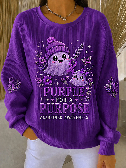 Women's Purple Floral & Cute Ghost Print Alzheimer's Awareness Support Sweatshirt