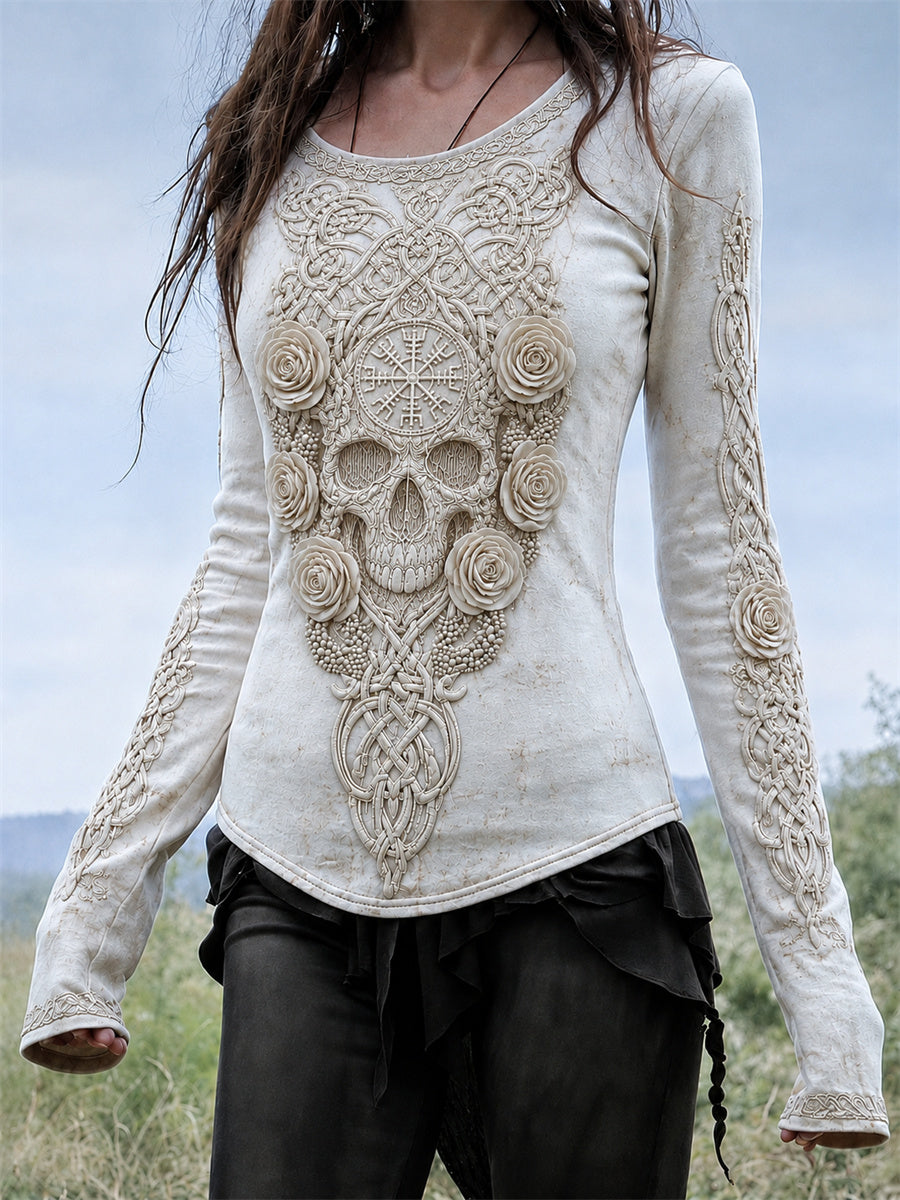 Women's Classy Celtic Skull Roses Viking Vegvisir Celtic Knot Print Round-Neck Long-Sleeve T-Shirt