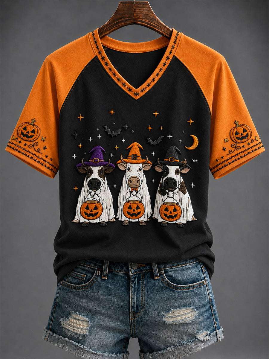 Women's Halloween Western Printed V-neck T-shirt