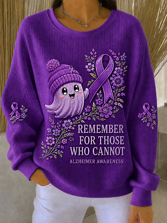 Women's Remember For Those Who Cannot Purple Floral & Cute Ghost Print Alzheimer's Awareness Support Sweatshirt