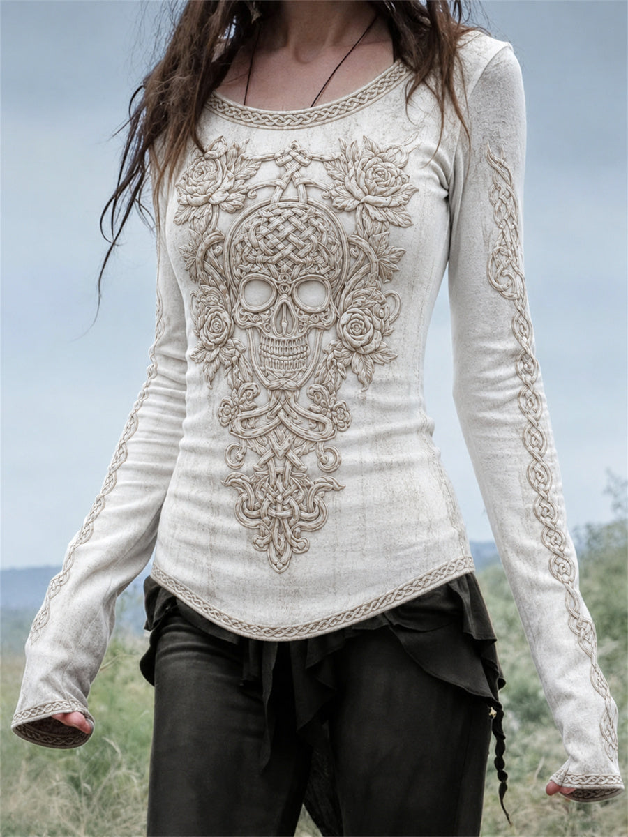 Women's Classy Celtic Skull Roses Viking Celtic Knot Print Round-Neck Long-Sleeve T-Shirt