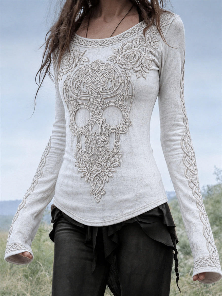 Women's Classy Celtic Skull Roses Viking Celtic Knot Print Round-Neck Long-Sleeve T-Shirt