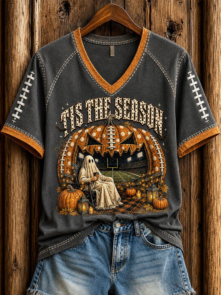 Women's Vintage Halloween Football Tis The Season Ghost Game Day Printed Casual T-shirt