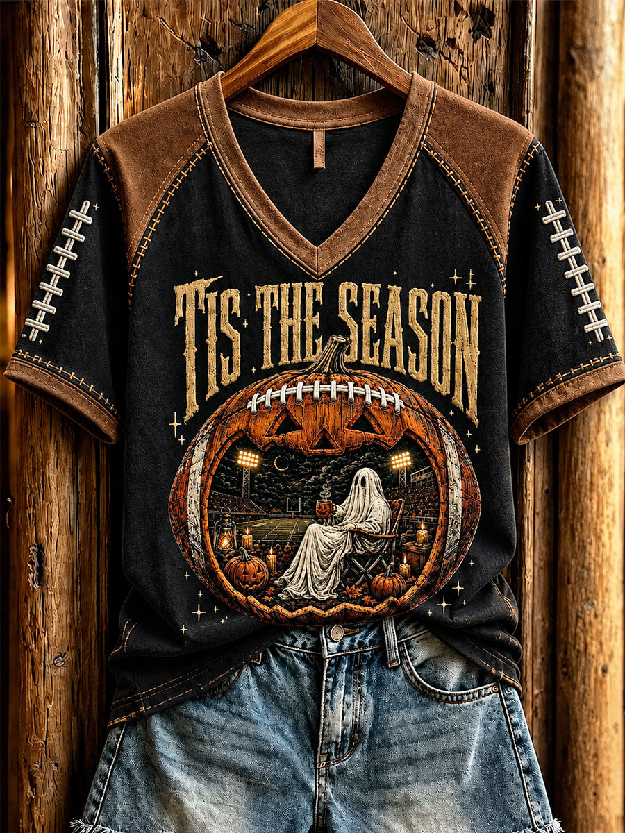 Women's Vintage Halloween Football Tis The Season Ghost Game Day Printed Casual T-shirt