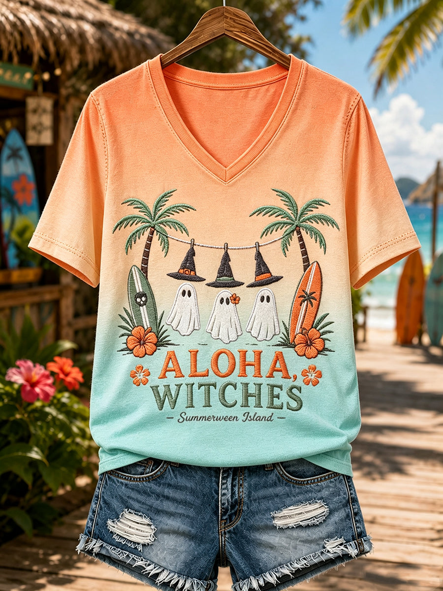 Women's Tropical Halloween Witchy Vacation Print T-shirt