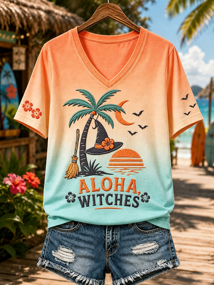 Women's Tropical Halloween Witchy Vacation Print T-shirt