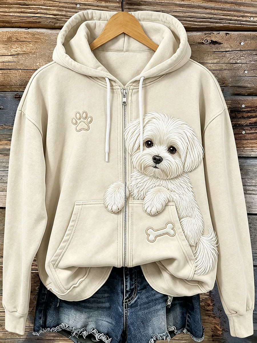 Women's Vintage Peeking Maltese & Paw Print Cozy Zip-Up Hoodie
