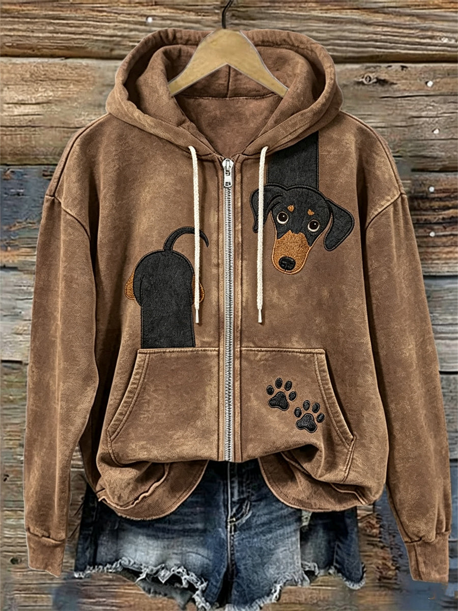 Women's Funny Dachshund Dog & Paw Prints Full Zip Hoodie