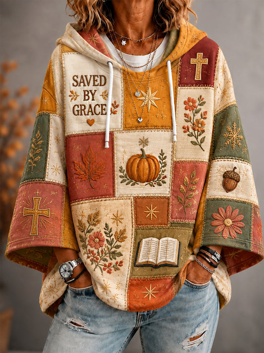 Women’s Fall Christian Saved By Grace Patchwork Print Casual 3/4 Sleeve Hoodie