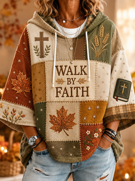 Women’s Fall Christian Walk By Faith Patchwork Print Casual 3/4 Sleeve Hoodie