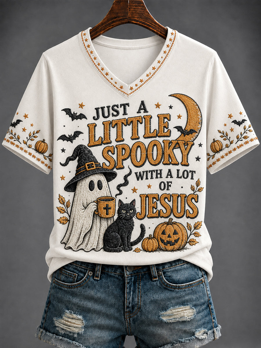 Women's “JUST A  LITTLE SPOOKY  WITH A LOT OF JESUS” Printed V-neck T-shirt