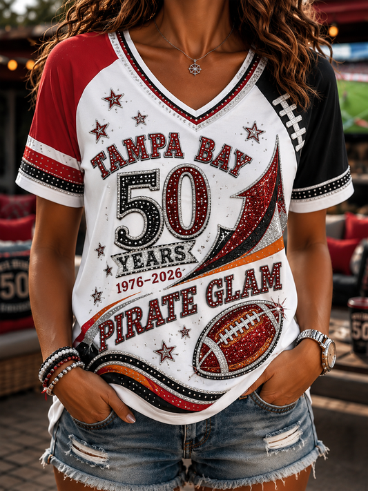 Women's Tampa Bay Buccaneers V-Neck Off-Shoulder Short-Sleeved T-Shirt