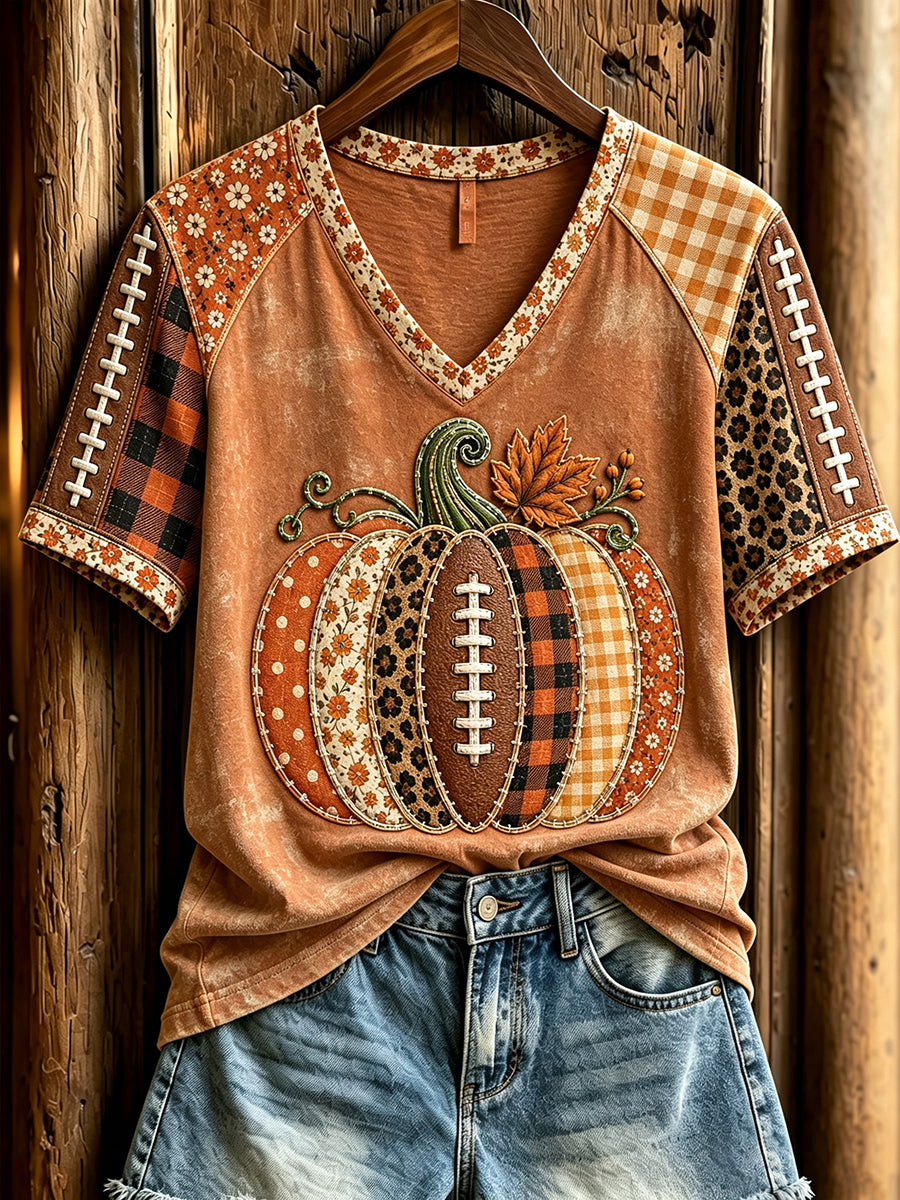 Women's Fall Football Pumpkin Patchwork Print V-neck Short-sleeved T-shirt