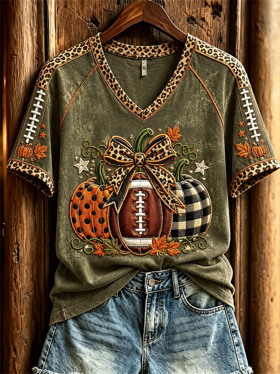 Women's Vintage Football Inspired Fall Pumpkin Print short-sleeved T-shirt