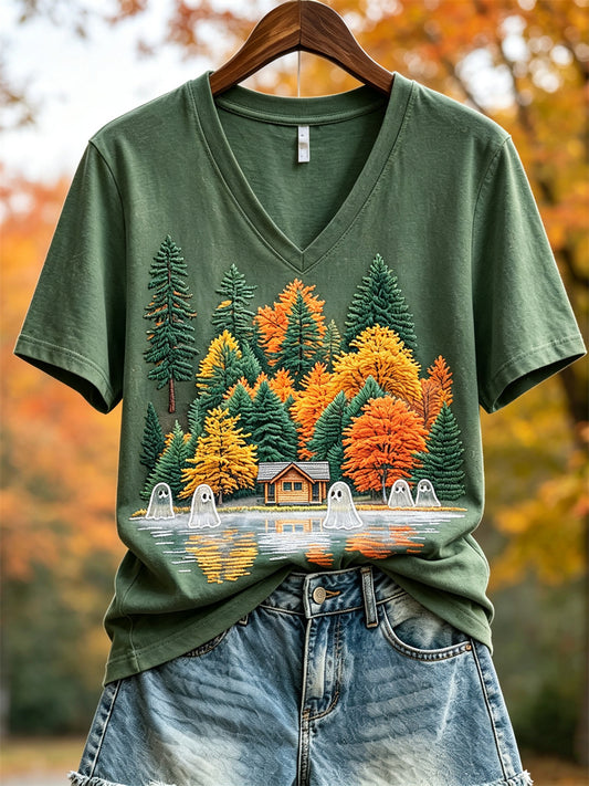 Women's Lovely Ghost Fall Landscape Print short-sleeved T-shirt