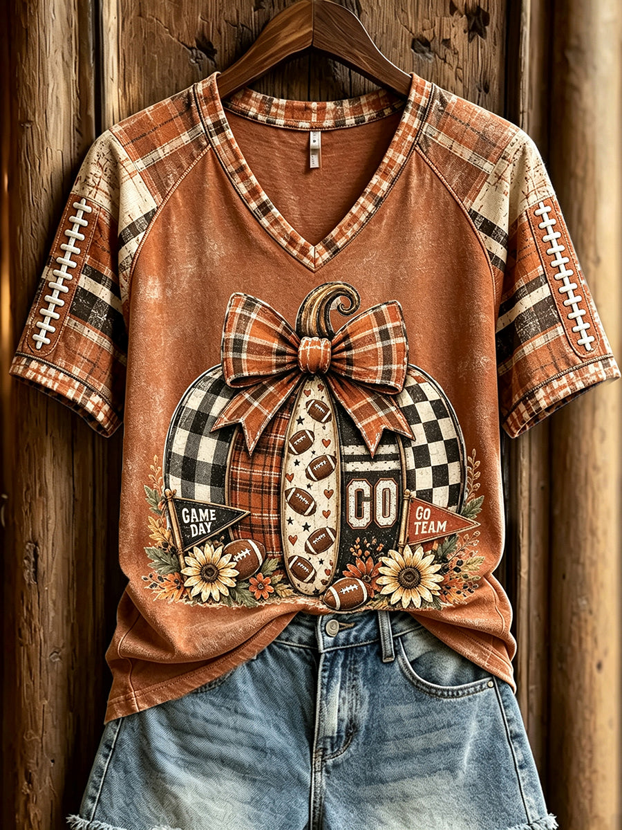 Women's Fall Football Pumpkin Patchwork Print V-neck Short-sleeved T-shirt