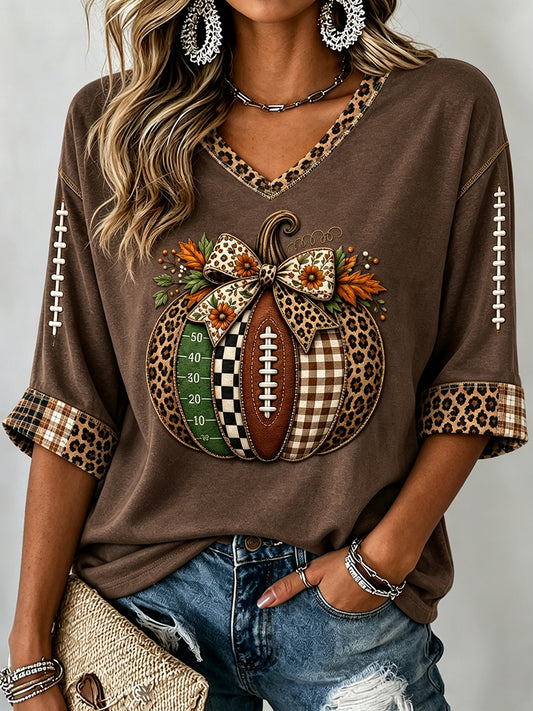 Women's Fall Football Pumpkin Print Mid-length Sleeves V-Neck T-Shirt