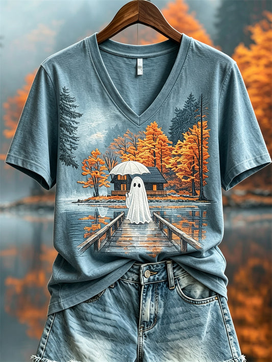 Women's Lovely Ghost Fall Cottage Landscape Print short-sleeved T-shirt