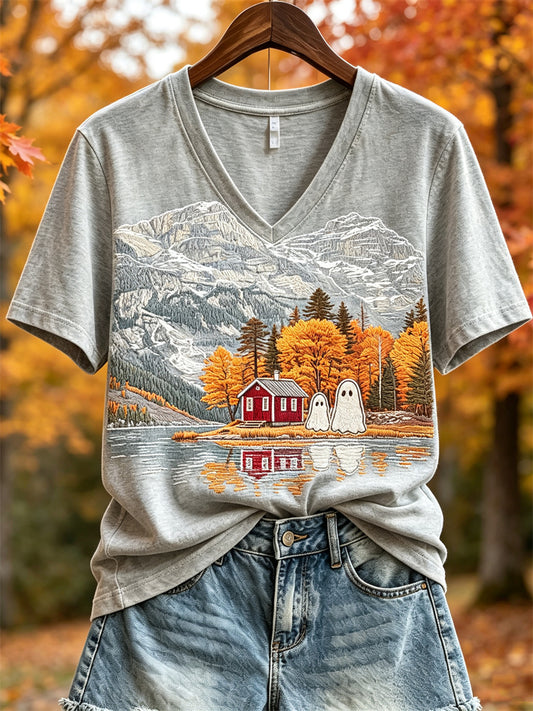 Women's Lovely Ghosts Fall Landscape Print short-sleeved T-shirt
