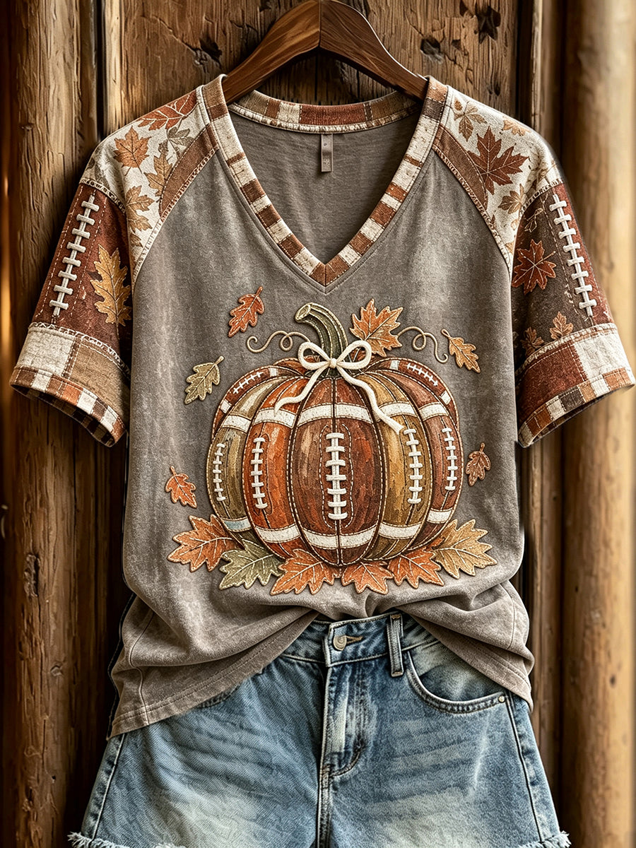 Women's Fall Football Pumpkin Patchwork Print V-neck Short-sleeved T-shirt