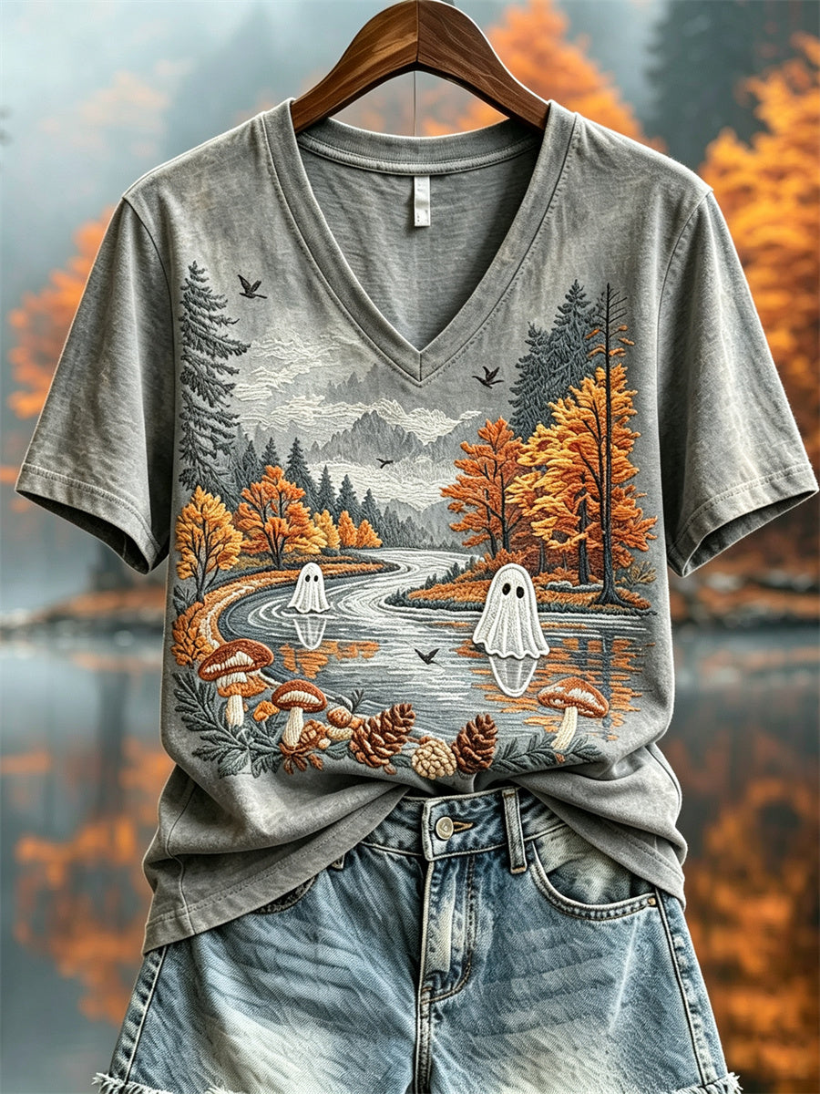 Women's Lovely Ghosts Fall Cottage Landscape Print short-sleeved T-shirt