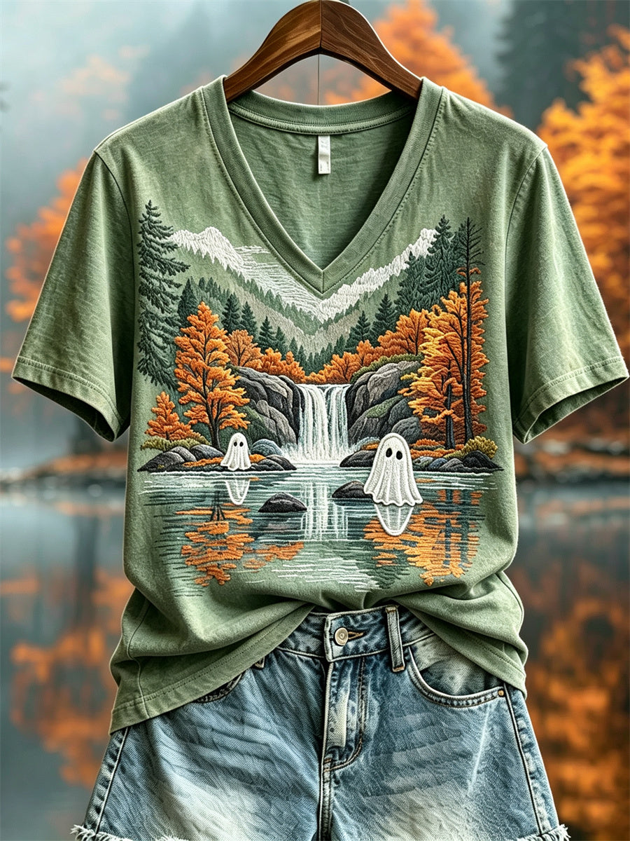 Women's Lovely Ghosts Fall Landscape Print short-sleeved T-shirt