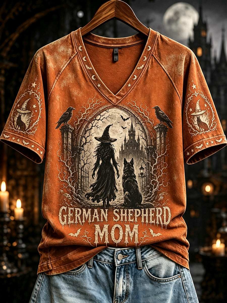 Women's Halloween German Shepherd Mom Witch Print V-neck Short-sleeved T-shirt