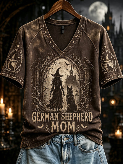 Women's Halloween German Shepherd Mom Witch Print V-neck Short-sleeved T-shirt