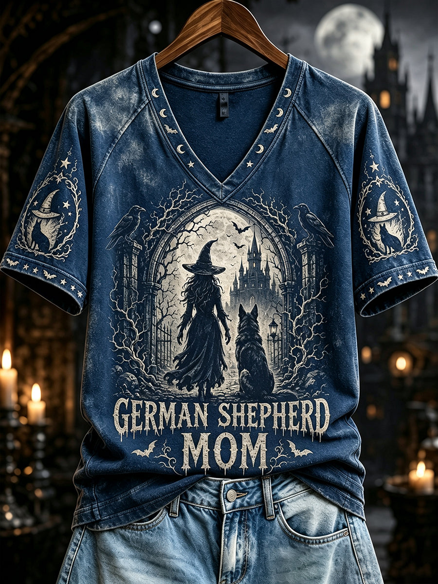 Women's Halloween German Shepherd Mom Witch Print V-neck Short-sleeved T-shirt