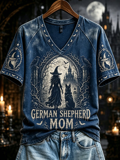 Women's Halloween German Shepherd Mom Witch Print V-neck Short-sleeved T-shirt