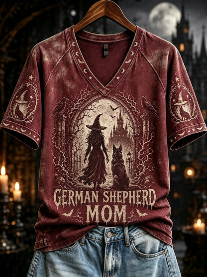 Women's Halloween German Shepherd Mom Witch Print V-neck Short-sleeved T-shirt