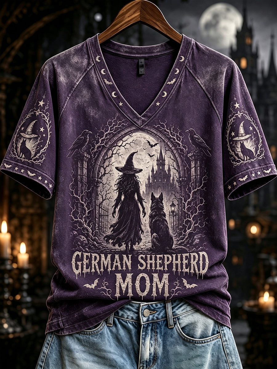 Women's Halloween German Shepherd Mom Witch Print V-neck Short-sleeved T-shirt