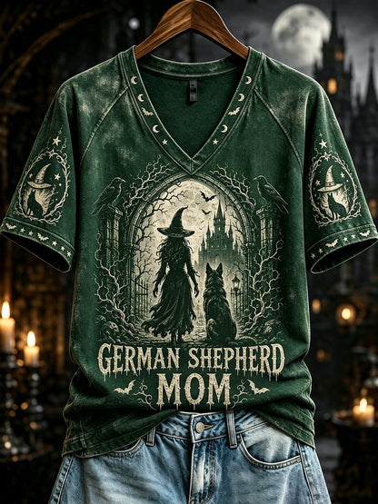 Women's Halloween German Shepherd Mom Witch Print V-neck Short-sleeved T-shirt