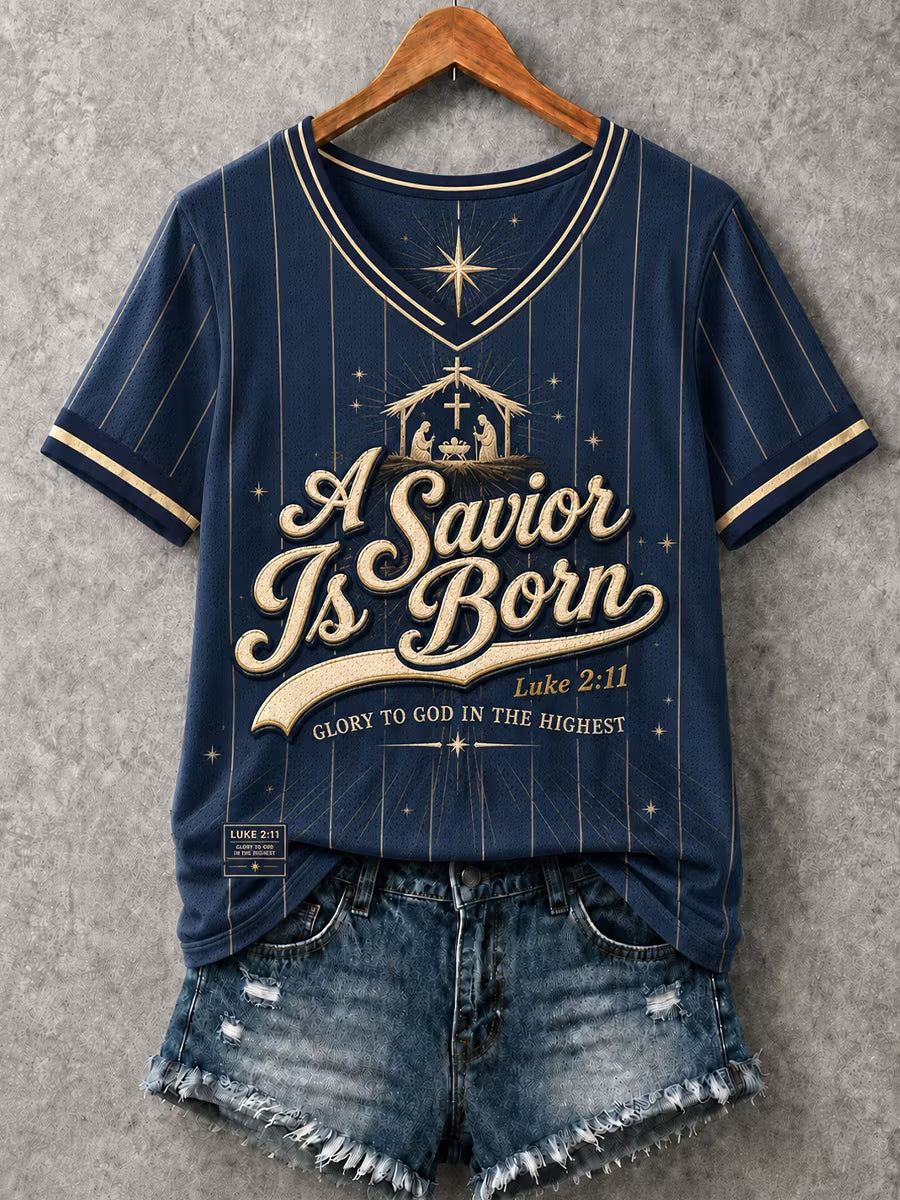 Women's Christian Luke 2:11 "A Savior Is Born" Navy Nativity V-Neck Short Sleeve T-shirt