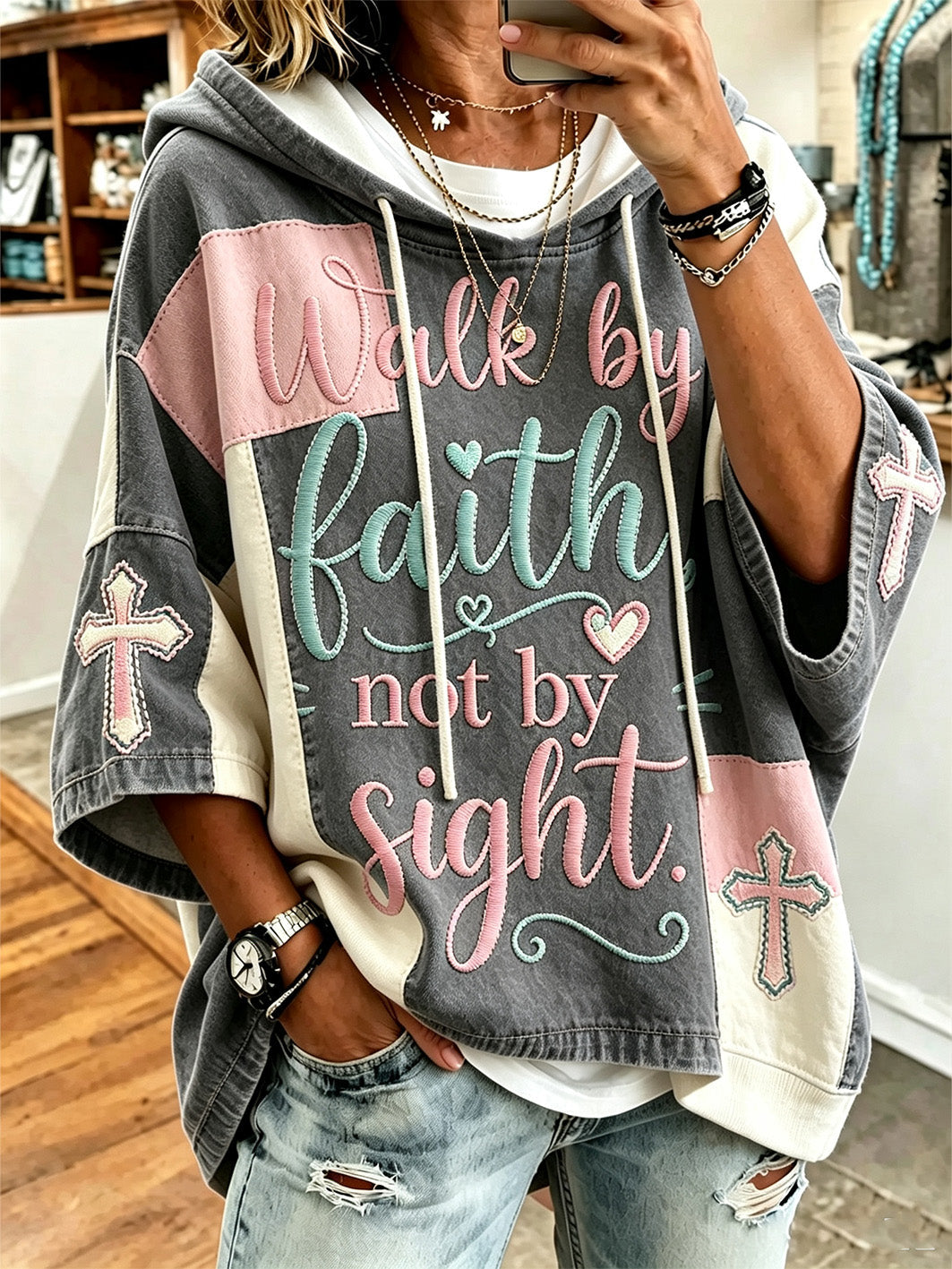 Women's faith theme slogan color-blocked design casual hoodie