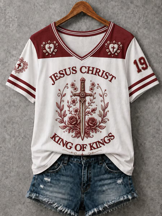 Women's Christian Jesus Christ "King Of Kings" Cross V-Neck Short Sleeve T-shirt
