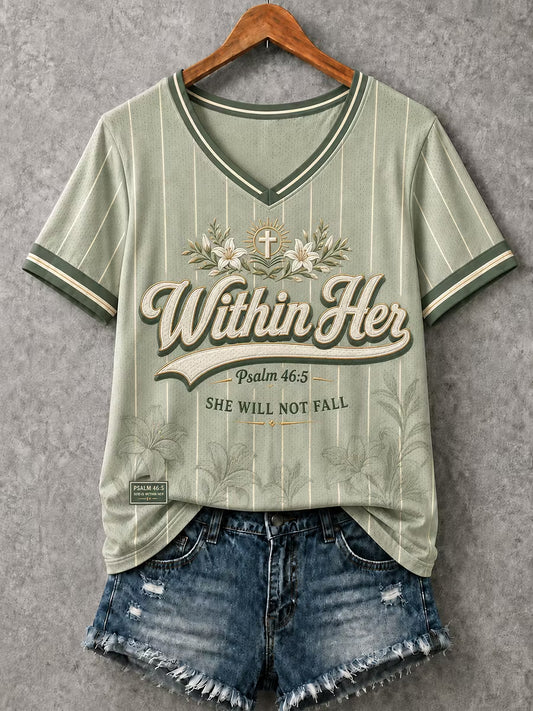 Women's Christian Psalm 46:5 "God Is Within Her"  V-Neck Short Sleeve T-shirt
