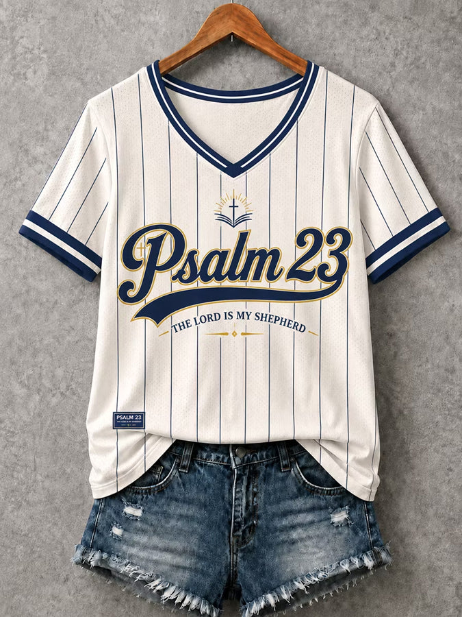 Women's Christian Psalm 23 Striped V-Neck Short Sleeve T-shirt