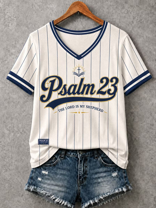 Women's Christian Psalm 23 Striped V-Neck Short Sleeve T-shirt