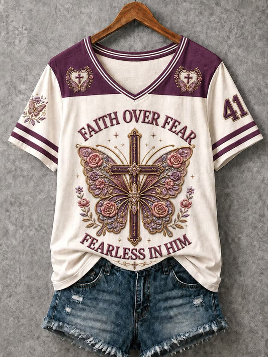 Women's Christian Faith Over Fear Butterfly Cross V-Neck Short Sleeve T-shirt